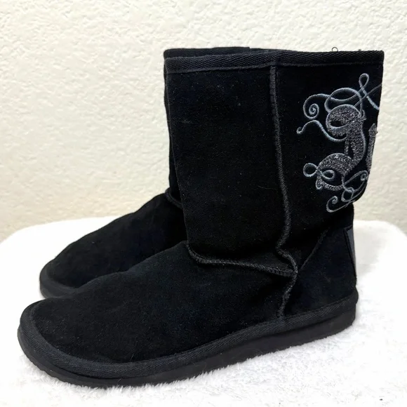 Juicy Couture Black Suede Boots Silver Sequin Juicy back faux fur lined Size 8 - Picture 1 of 12
